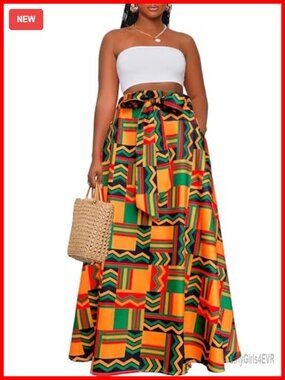 Women's African Print High Waist Tie A-Line Long Maxi Skirt Pockets